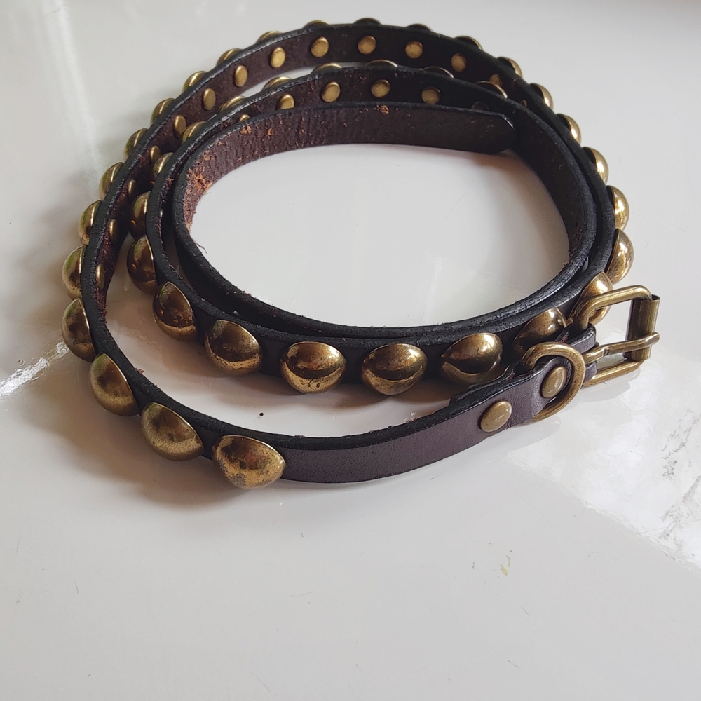 Studded Thin Leather Belt with Gold Accents